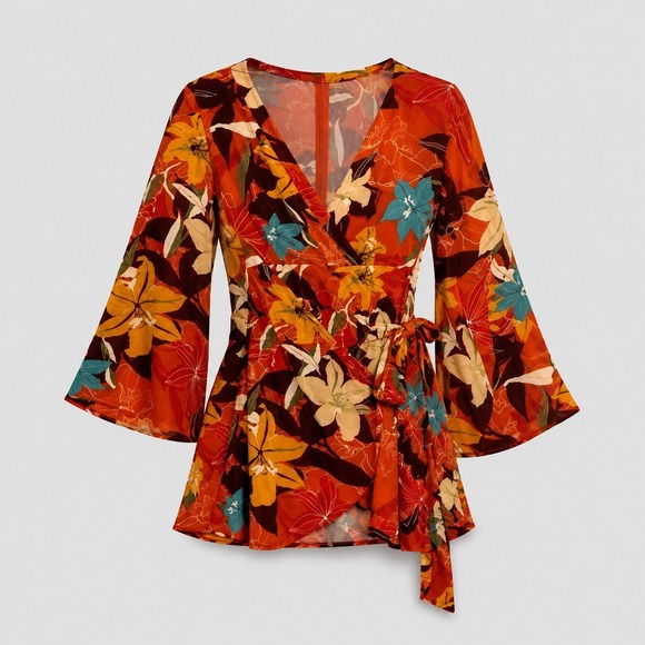 Cupshe Dresses & Skirts - Cupshe Floral Wrap Mini Dress Cover Up L Bell Sleeve Tropical Boho Summer